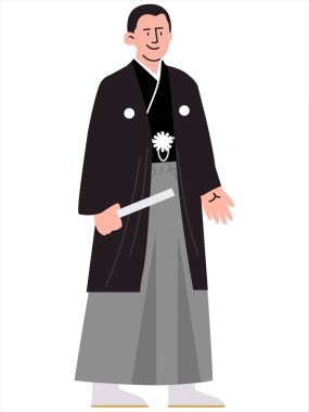 Siyah Montsuki Sendaihira Haori Hakama Japon geleneksel üniforması Japonya geleneği kültürel miras kıyafetleri Sensu hayranı renkli tasarım vektörü