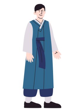 Güney Kore 'de geleneksel Hanbok elbise kültürü giyen Koreli bir adam Asyalı etnik köken giysisi renkli karakter tasarımı ikonu yüz ifadesi vektörü belirledi
