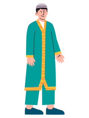 Kaftan hindi giyen Türk çocuk Abaya geleneksel kıyafet geleneği şapka başlığı renkli tasarım karakter yüz vektörü