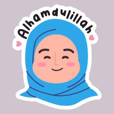 Alhamdulillah Islam religion woman girl female muslimah character wearing hijab happy smiling grateful blessed expression text icon design emoji sticker vector clipart