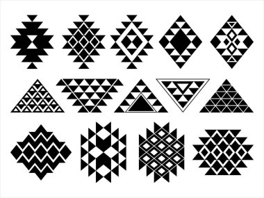 Geleneksel geometrik soyut biçim Amerikan Aztek Afrikalı Navajo Kızılderili kabileleri kültür deseni süsleme geleneği dekoratif tasarım ikonu siyah renk koleksiyonu