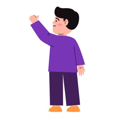 Arkadan bakıldığında karakter dalgalanması merhaba diyor. Merhaba karakteri, mor kıyafet vektörü çizimi takın.