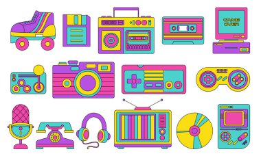 Retro simge seti 80 'lerin modası geçmiş pop sanatları oyun konsolu renkli video oyunu kültürü vektörü