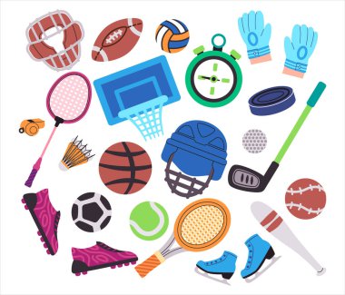 Futbol topu tenis buz pateni, ayakkabı kaskı ve eldiven rengarenk vektör gibi spor koleksiyonu simgesi seti