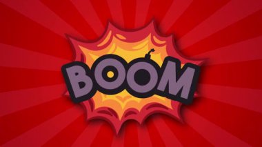 Boom pop sanatının komik konuşma balonu parlak renkli sürpriz ifade diyalog patlaması kırmızı arkaplan güneş patlaması animasyon video