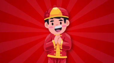 Çocuklar geleneksel kırmızı kostüm giyen çocuk Cheongsam Mutlu Çin yeni yıl animasyonu kırmızı arka planı kutluyor