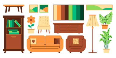 Oturma odası nesne illüstrasyonu kanepe koltuğu çizgi film düz çerçeve ayakta lamba ev iç vektörü