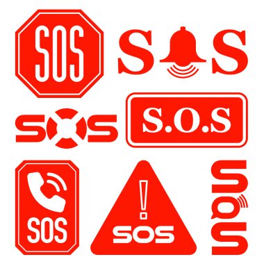 Çeşitli biçimlerde SOS harfleri gösterilen kırmızı simgeler kümesi acil durum sinyalleri bir dur işareti cankurtaran ve uyarı üçgeni içerir