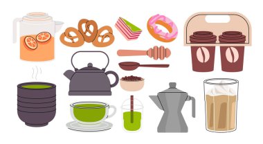 Kahvaltıya ve kafeye bağlı eşyalar, hamur işleri, çaydanlık, kahve, çay fincanı ve çeşitli içecekler, sabah rutinlerinin gösterişli havası.