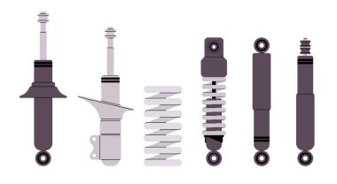 Koleksiyon şok emiciler ve gri teknik illüstrasyonun gölgelerinde bir yay çeşitli süspansiyon bileşenleri gösteriyor otomotiv tamir makine mühendisliği araç bakımı ve parçaları