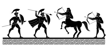 Antik Roma ve Yunan mitolojik figürlerinin çizimi. Mitoloji tarihi klasik kültürü için ideal asker ve sentorların siyah silüetleri.
