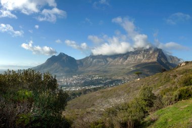 Açık bir günde Masa Dağı 'nın üzerinden bulutlar dökülüyor, Cape Town, Güney Afrika