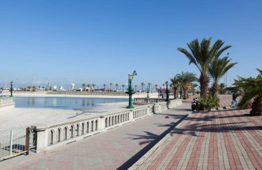 Trablus, Libya, 4 Kasım 2009. Libya, Trablus 'ta bir sokak manzarası, liman bölgesine doğru bir yürüyüş yolu, palmiye ağaçları ve yayaların yürüdüğü.