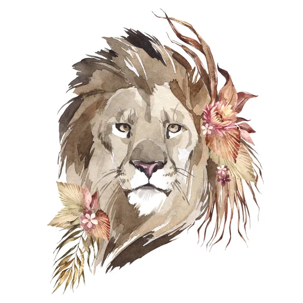Watercolor lion portrait with flowers. African animlas clipart. World Zoo nature illustration for kids products. World fauna and flora. Hand drawn wild cat head with dried bouquet print.