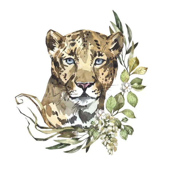 Watercolor Leopard Portrait Flowers African Animlas Clipart World Zoo Nature Stock Picture