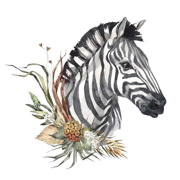 Watercolor Zebra Portrait Flowers African Animlas Clipart World Zoo Nature Stock Photo