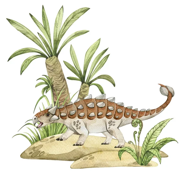 Akvarell Dinoszaurusz Illusztráció Őskori Táj Kézzel Rajzolt Ankylosaurus Sziklákon Pálmafákkal — Stock Fotó