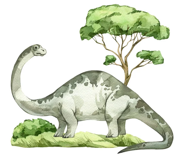 Akvarell Dinoszaurusz Illusztráció Őskori Táj Kézzel Rajzolt Brontosaurus Fákkal Bokrokkal — Stock Fotó