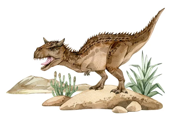 Akvarell Dinoszaurusz Illusztráció Őskori Táj Kézzel Rajzolt Carnotaurus Sziklákra Fűvel — Stock Fotó
