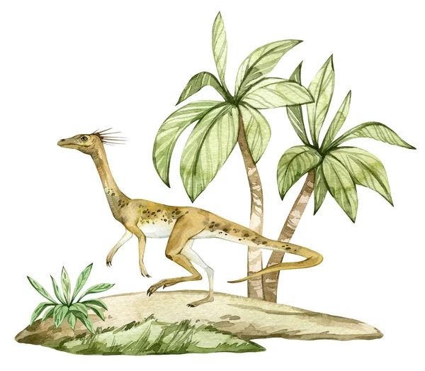Akvarell Dinoszaurusz Illusztráció Őskori Táj Kézzel Rajzolt Lagerpeton Homokra Tenyérrel — Stock Fotó
