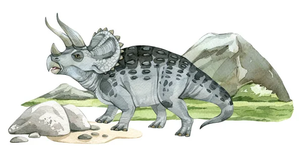 先史時代の風景と水彩恐竜のイラスト 手は山や草でトリケラトプスを描いた 子供用製品のための詳細なディノクリップ 古代動物の百科事典 — ストック写真