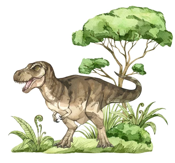 先史時代の風景と水彩恐竜のイラスト 手は木や茂みでティラノサウルスレックスを描きました 子供用製品のための詳細なディノクリップ 古代動物の百科事典 — ストック写真