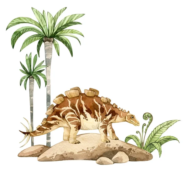 先史時代の風景と水彩恐竜のイラスト 手はヤシの木で岩の上にWuerhosaurusを描きました 子供用製品のための詳細なディノクリップ 古代動物の百科事典 — ストック写真