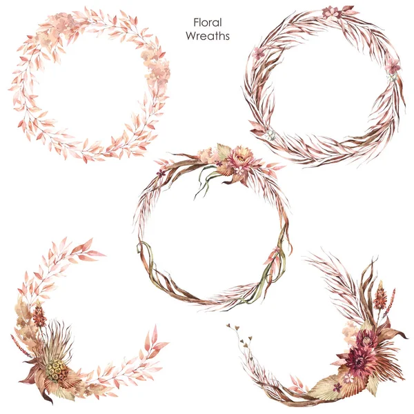 Set Watercolor Boho Floral Arrangements Wedding Wreath Date Dried Bohemian Royalty Free Stock Images