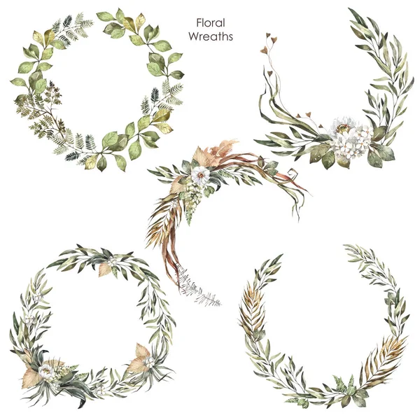 Set Watercolor Floral Arrangements Wedding Wreath Date White Flowers Dried Stock Picture