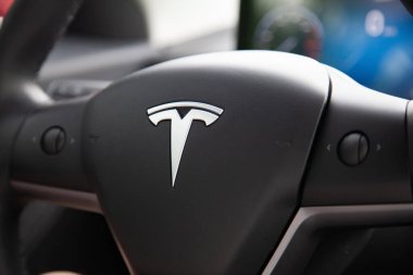 Vilnius, Litvanya - 16-08-2024 - Tesla Model 3 direksiyon simidi Tesla 'nın amblemiyle