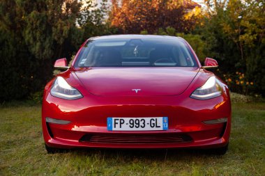 Vilnius, Litvanya - 15-08-2024 - Kırmızı Tesla Model 3 Parktaki çimenlikte çift motorlu