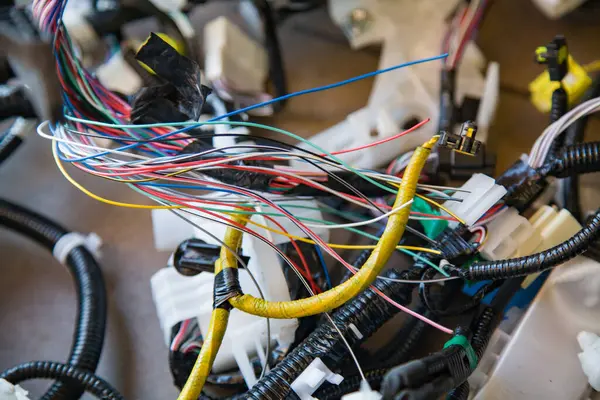 Wires, connectors, modules, and connections from a new car wiring harness to replace the old wiring in a vehicle for a new one with multicolored thin wires