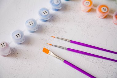 Resim için rakamlar, fırçalar, üzerinde numaralar olan küçük boya kapları ve önceden çizilmiş dış hatları olan bir tuval.