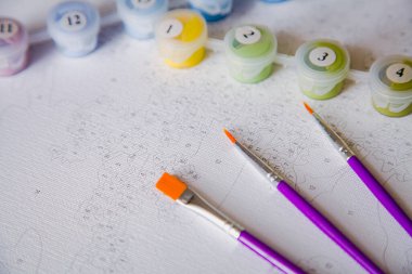 Resim için rakamlar, fırçalar, üzerinde numaralar olan küçük boya kapları ve önceden çizilmiş dış hatları olan bir tuval.