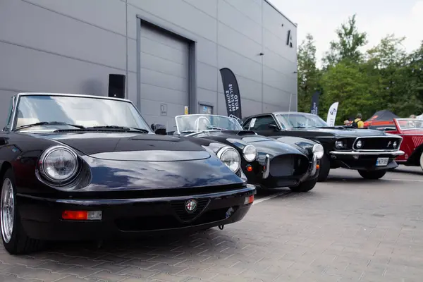 Vilnius, Litvanya - 31-05-2025 - Klasik klasikler - Alfa Romeo Spider 4, Shelby Cobra Roadster ve Ford Mustang - açık hava otomobil fuarında sergilendi