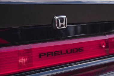 Vilnius, Lithuania - 31-05-2025 - Honda Prelude emblem and lettering on the rear trunk lid of the vehicle