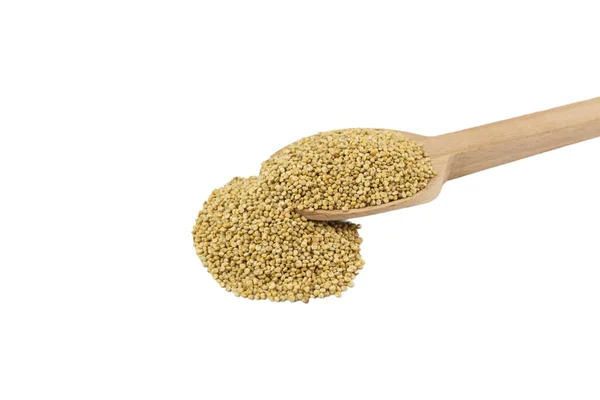 Quinoa Colher Madeira Isolada Sobre Fundo Branco Nutrição Ingrediente Alimentar — Fotografia de Stock