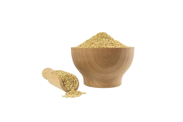 Quinoa Holzschale Und Schaufel Isoliert Auf Weißem Hintergrund Ernährung Lebensmittelzutat — Stockfoto