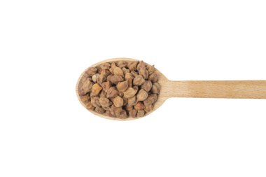 brown chickpeas on wooden spoon isolated on white background. nutrition. food ingredient.