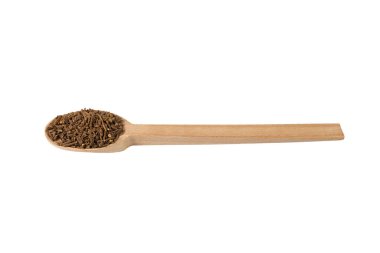 Valerian herb root on wooden spoon isolated on white background. Valeriana officinalis. used in herbal medicine as a tranquillizer and to treat insomnia, anxiety, hypertension, pain relief.