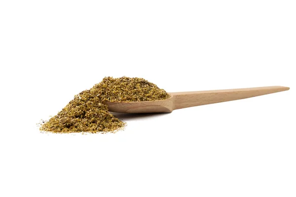 Dried Common Chamomile Flowers Latin Matricaria Chamomilla Wooden Spoon Isolated — 스톡 사진