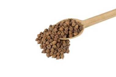 brown chickpeas on wooden spoon isolated on white background. nutrition. food ingredient.