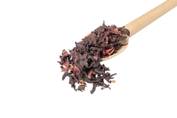 Dry Hibiscus Tea Wooden Spoon Isolated White Background Herb Herbal — Zdjęcie stockowe