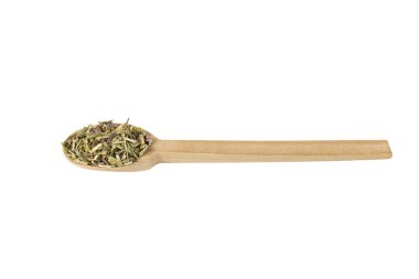 Catnip herb in latin - Nepeta cataria on wooden spoon isolated on white background. Medicinal herb. 