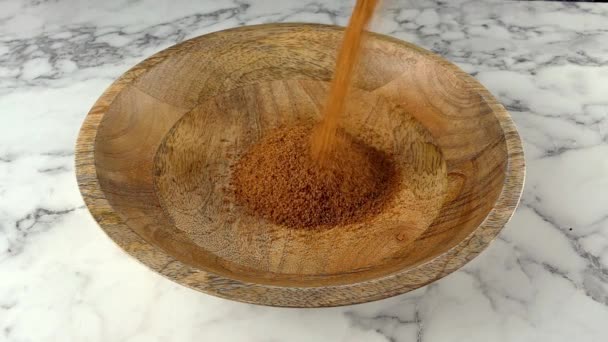 Coconut Sugar Falling Wooden Plate Slow Motion — Stock Video