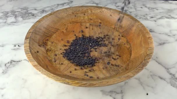 黒いレンズ豆のベルガが木の板に落ちてる スローモーション — ストック動画