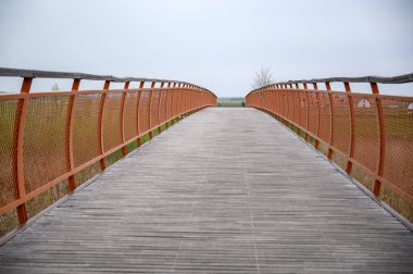 Ufuk çizgisine kadar uzanan paslı turuncu metal korkuluklu tahta köprü bulutlu bir gökyüzünün altında. Perspektif köprünün ortasından, dümdüz ileriye bakıyor.