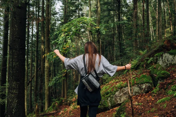 Woman Tourist Mountain Hike Stick Her Hands Walks Path Untouched — Stock Photo, Image