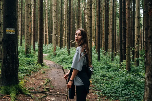Beautiful Female Hiker Walks Marked Route Mountains Looks Camera Her — Stock Photo, Image