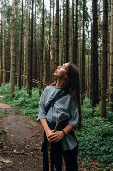 막대기를 여자가 소나무 아름다운 나무들을 올려다보고 있습니다 — 스톡 사진